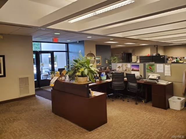 Reception area with dark wood desk, plants, cubicles, and glass doors at the entrance.