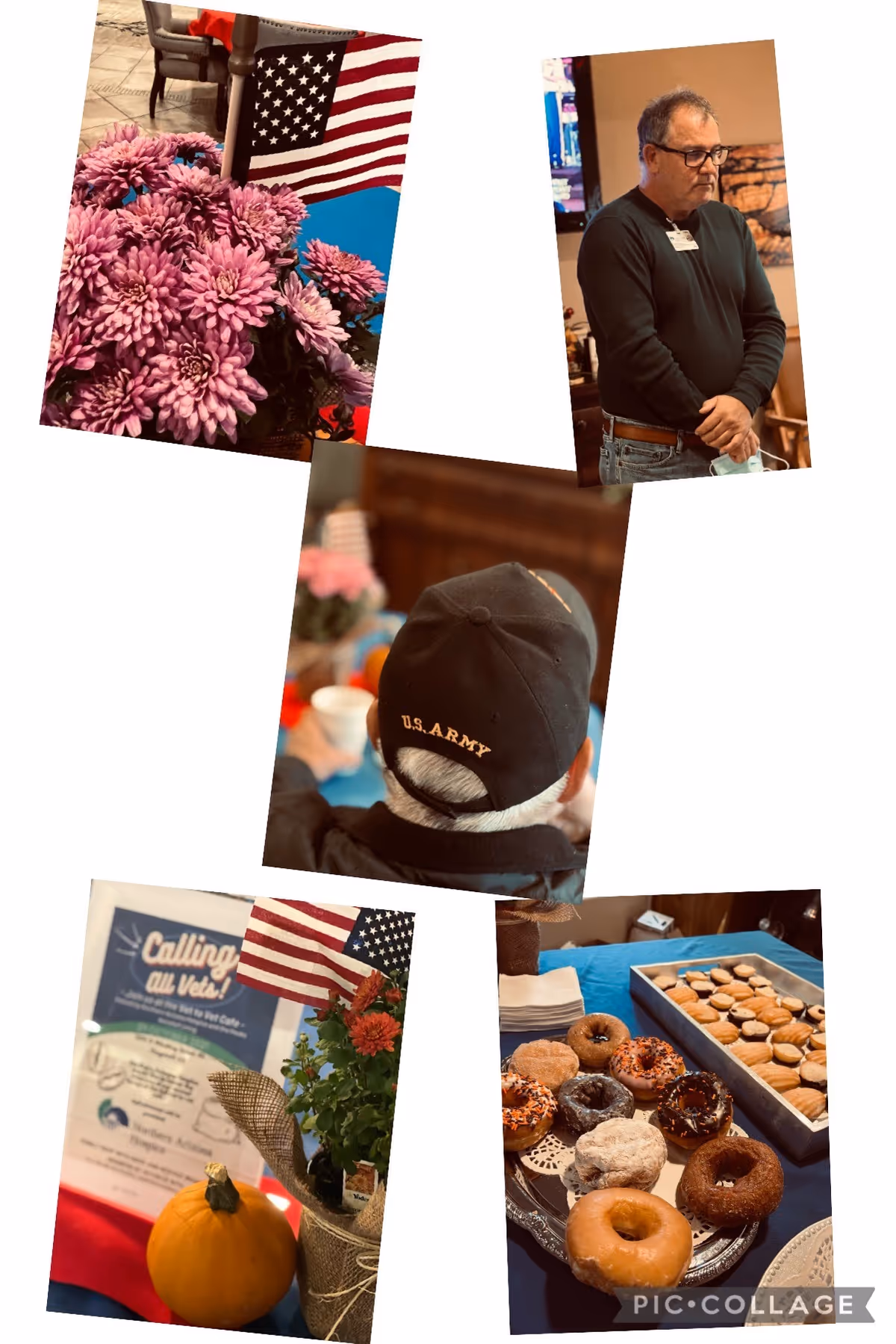 Indoor Northern Arizona Hospice event collage with US flag, flowers, pumpkin, and donuts