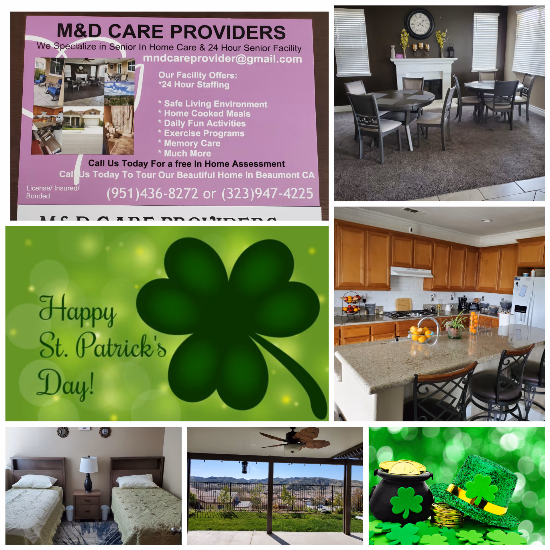 Collage showing dining room, kitchen, bedrooms, and balcony with a promotional flyer.