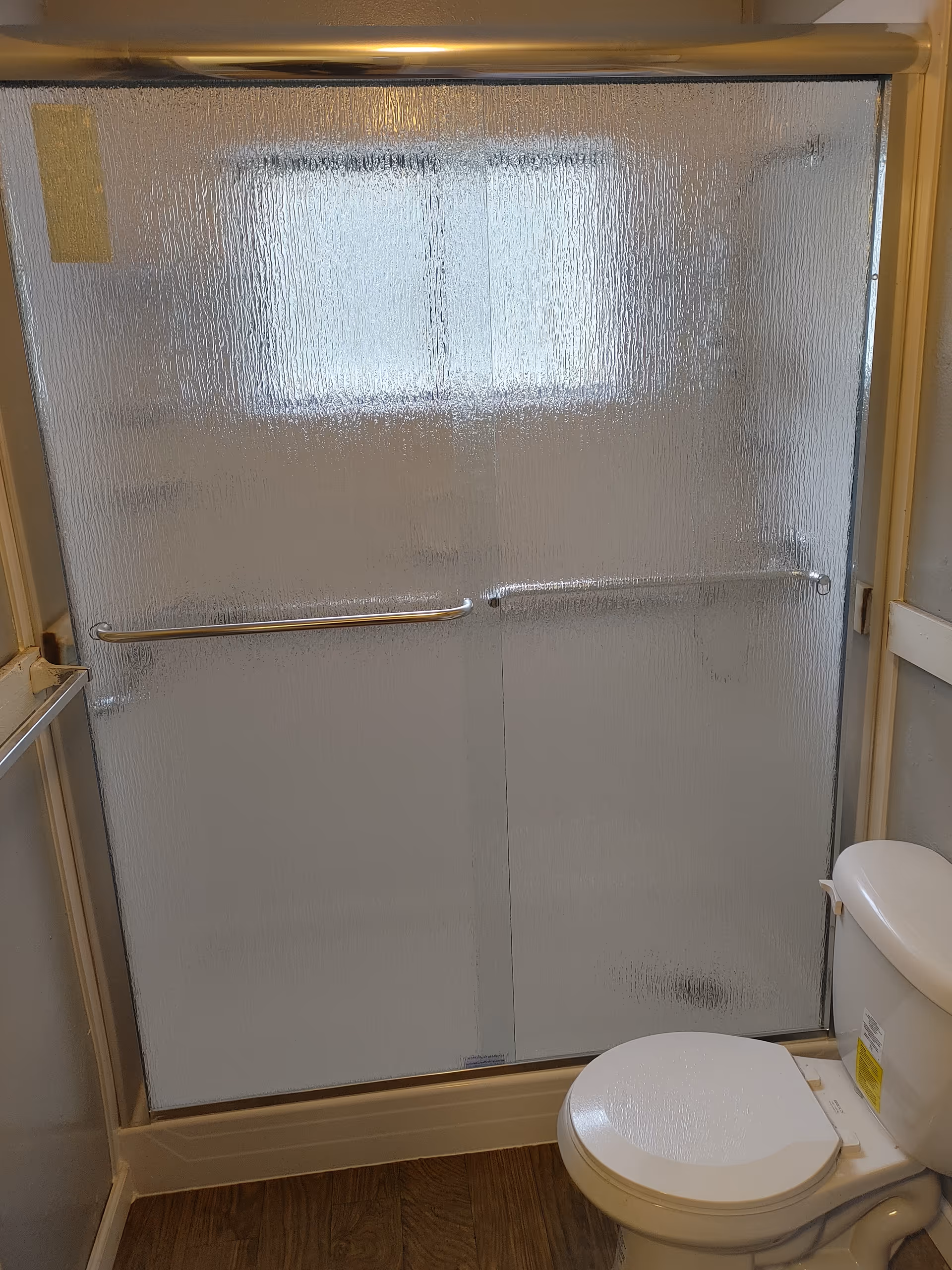 Small bathroom with frosted glass shower doors and a toilet beside wood-look flooring.