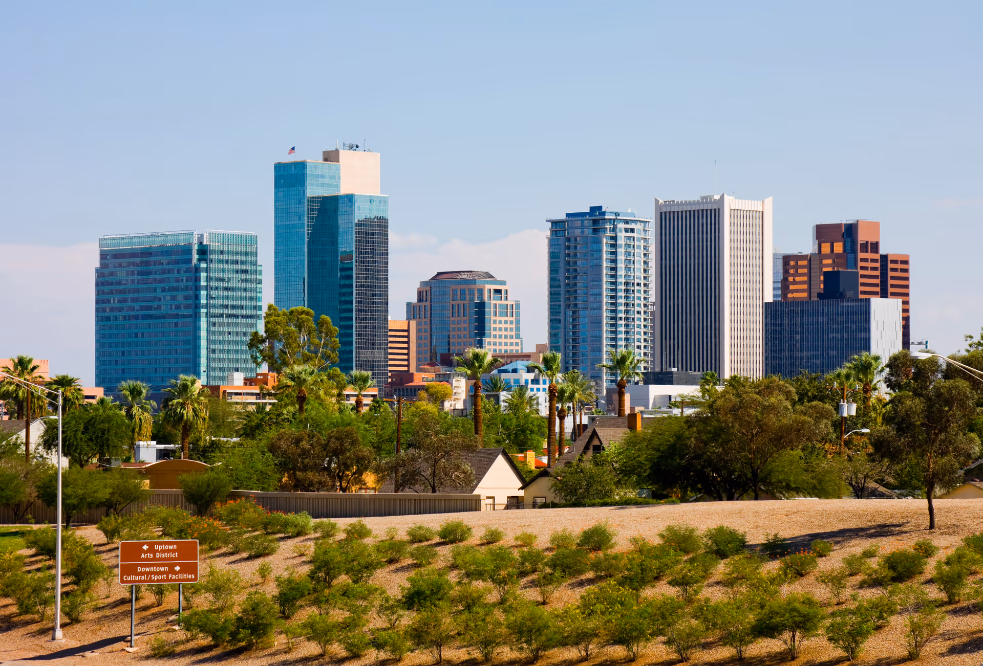 A city skyline with tall glass buildings and palm trees in the foreground.
