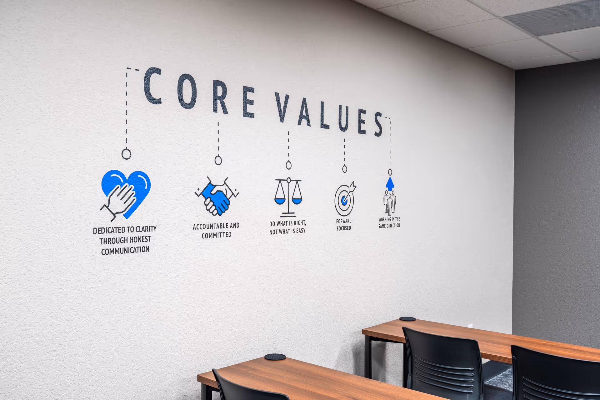 Interior wall displays 'CORE VALUES' with icons and desks in a meeting area.