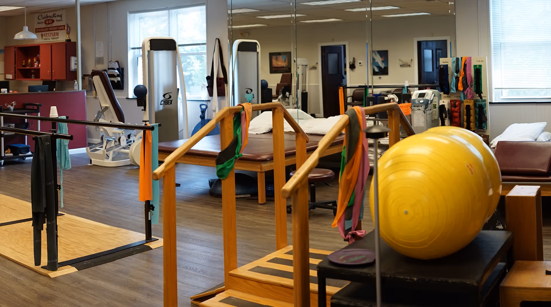 Interior rehabilitation gym with parallel bars, equipment, and a large yellow exercise ball.