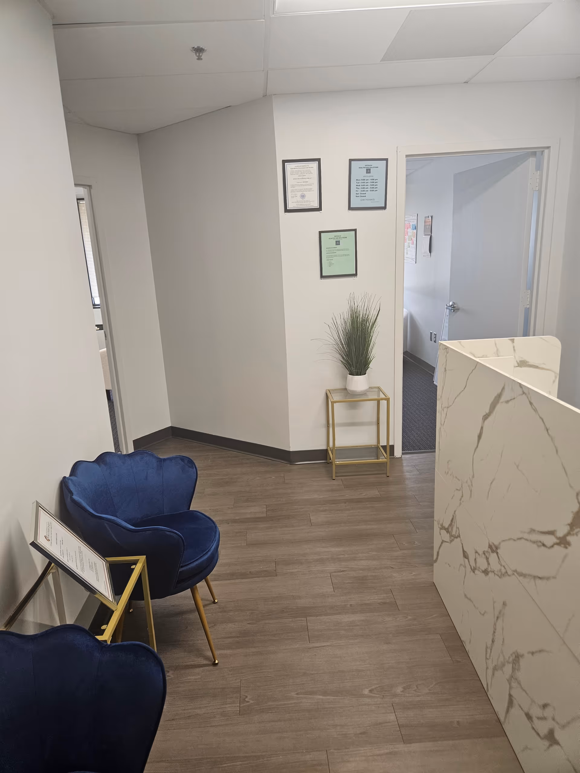 Small waiting area with blue velvet chairs, certificates on wall, a plant, and a marble counter.