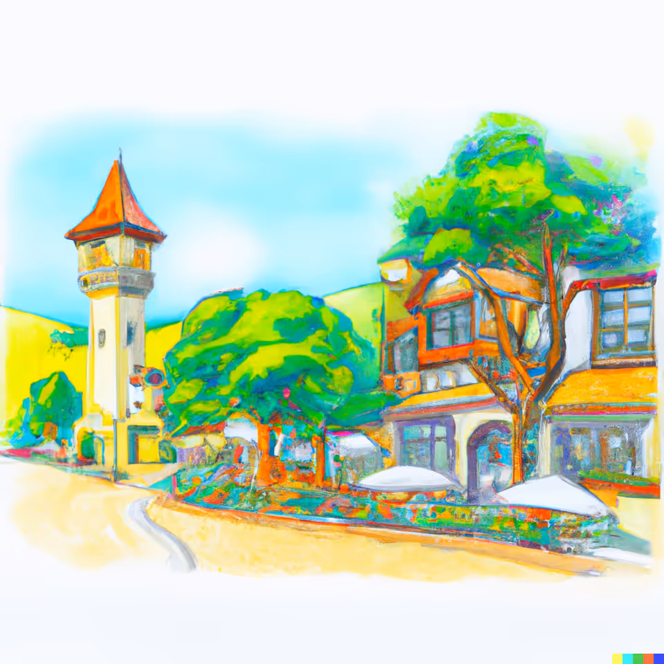 Colorful watercolor-style illustration of a building with a tall tower and trees.