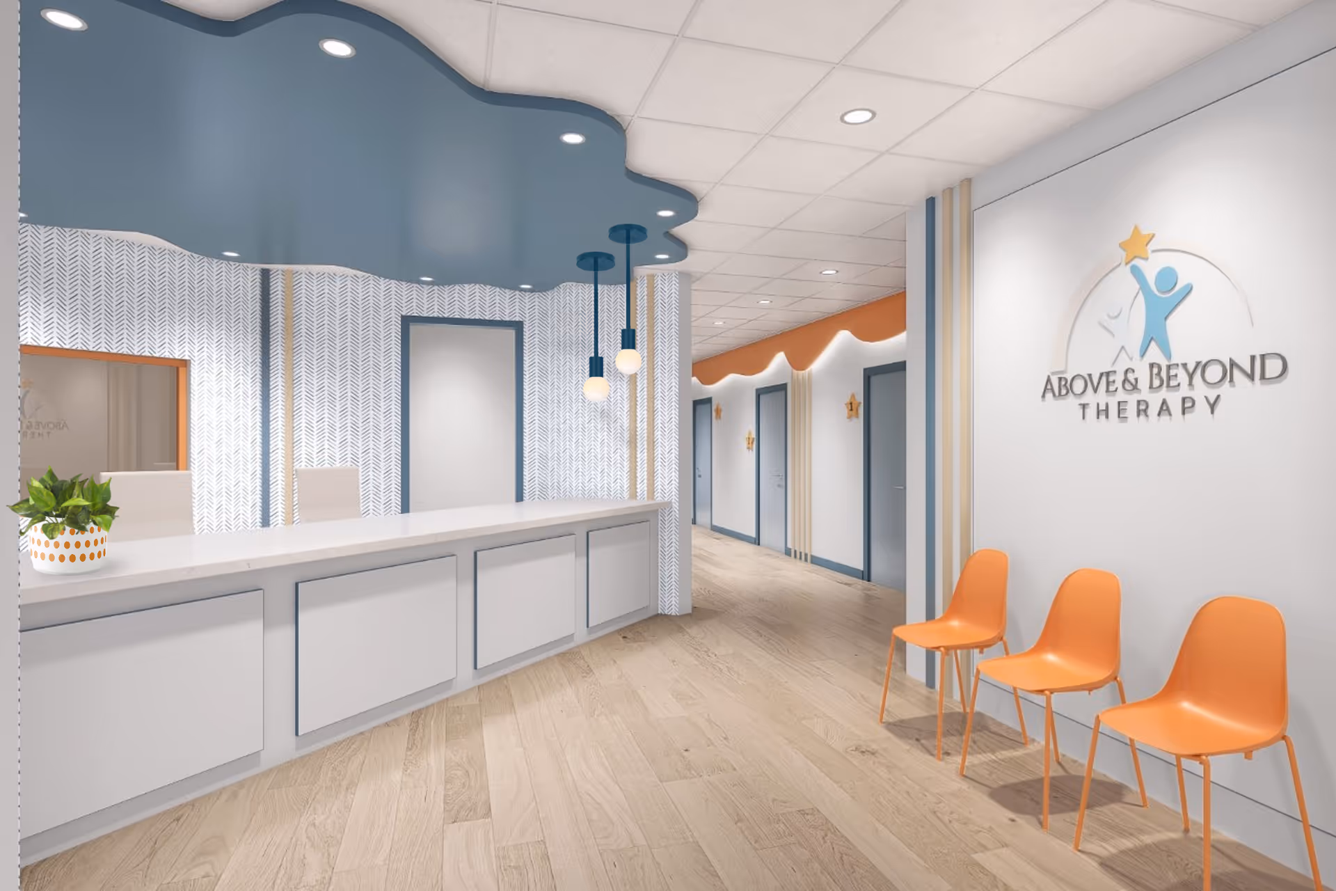 Reception hall with white counter, blue curved ceiling, orange chairs, and a therapy logo.