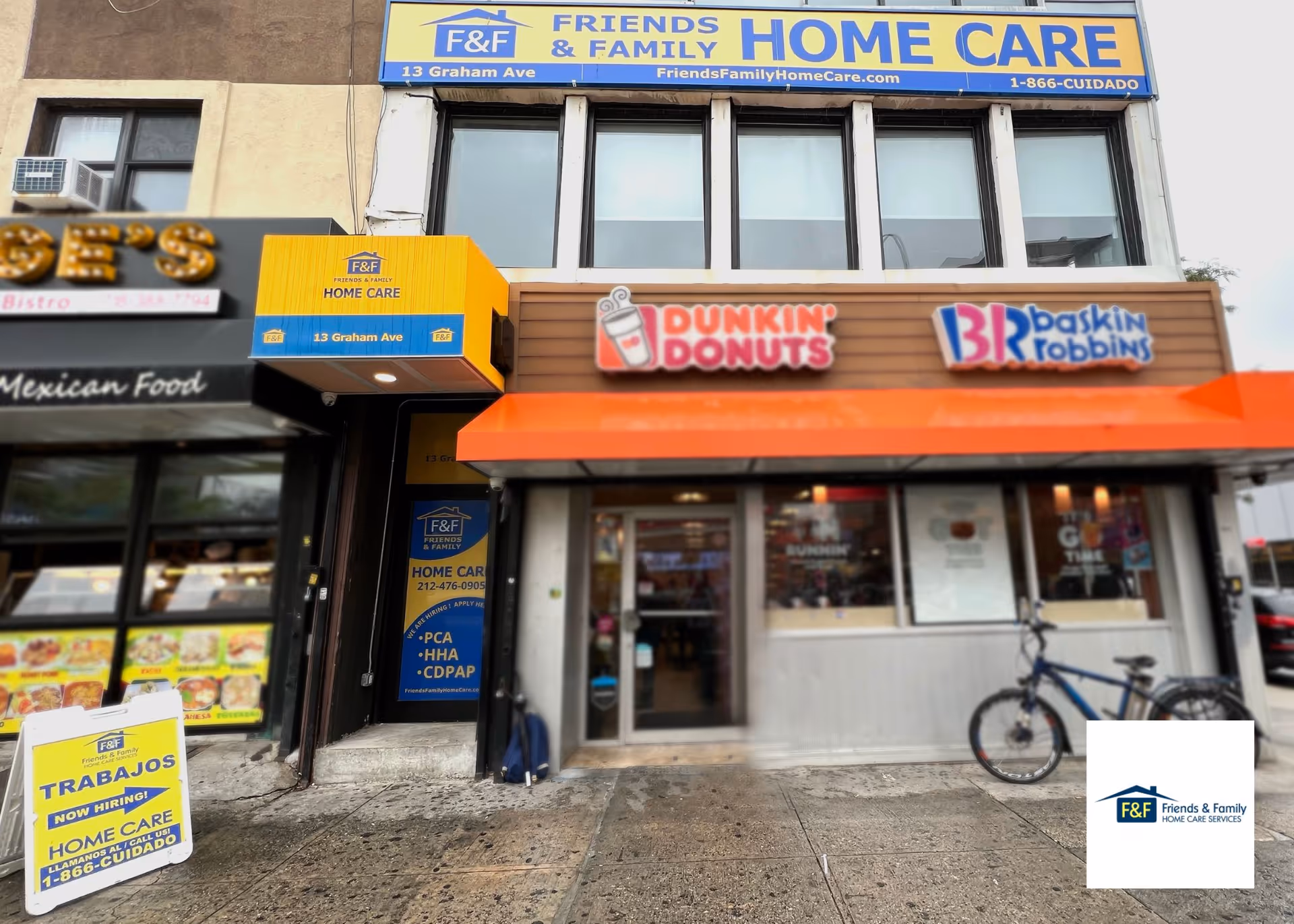 Shopfront with Friends & Family Home Care sign beside Dunkin' Donuts and Baskin Robbins