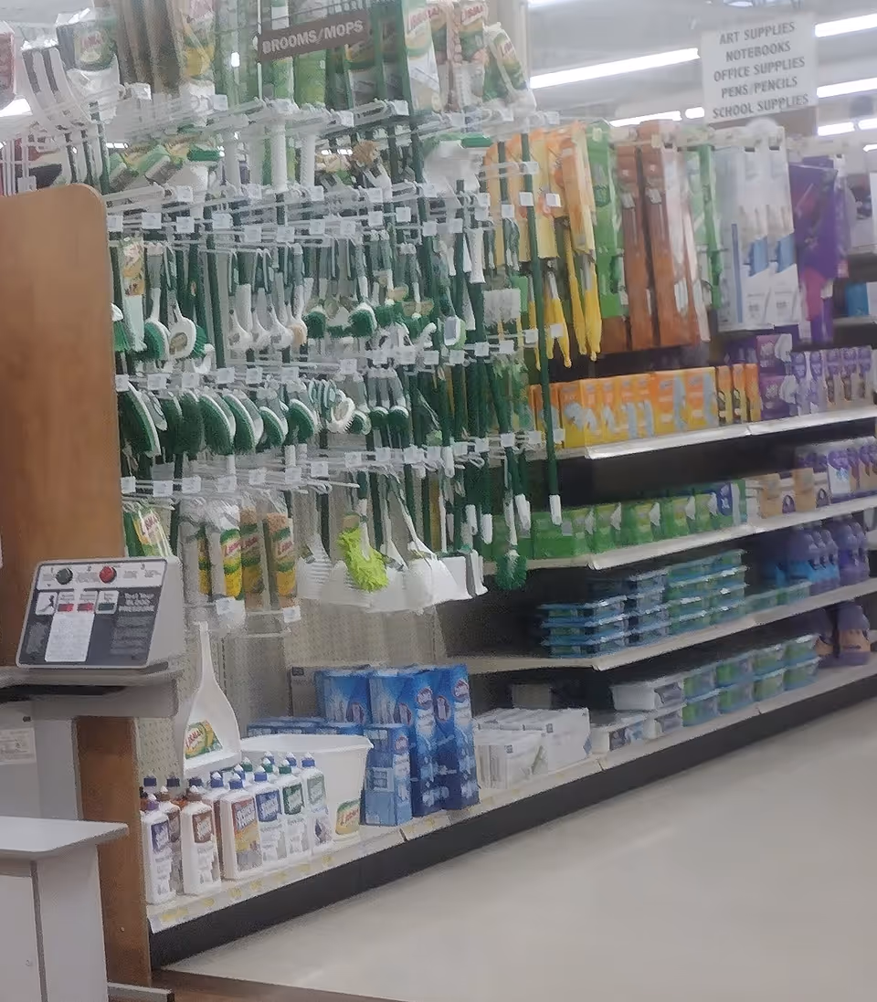 Aisle of cleaning supplies and household items on store shelves.