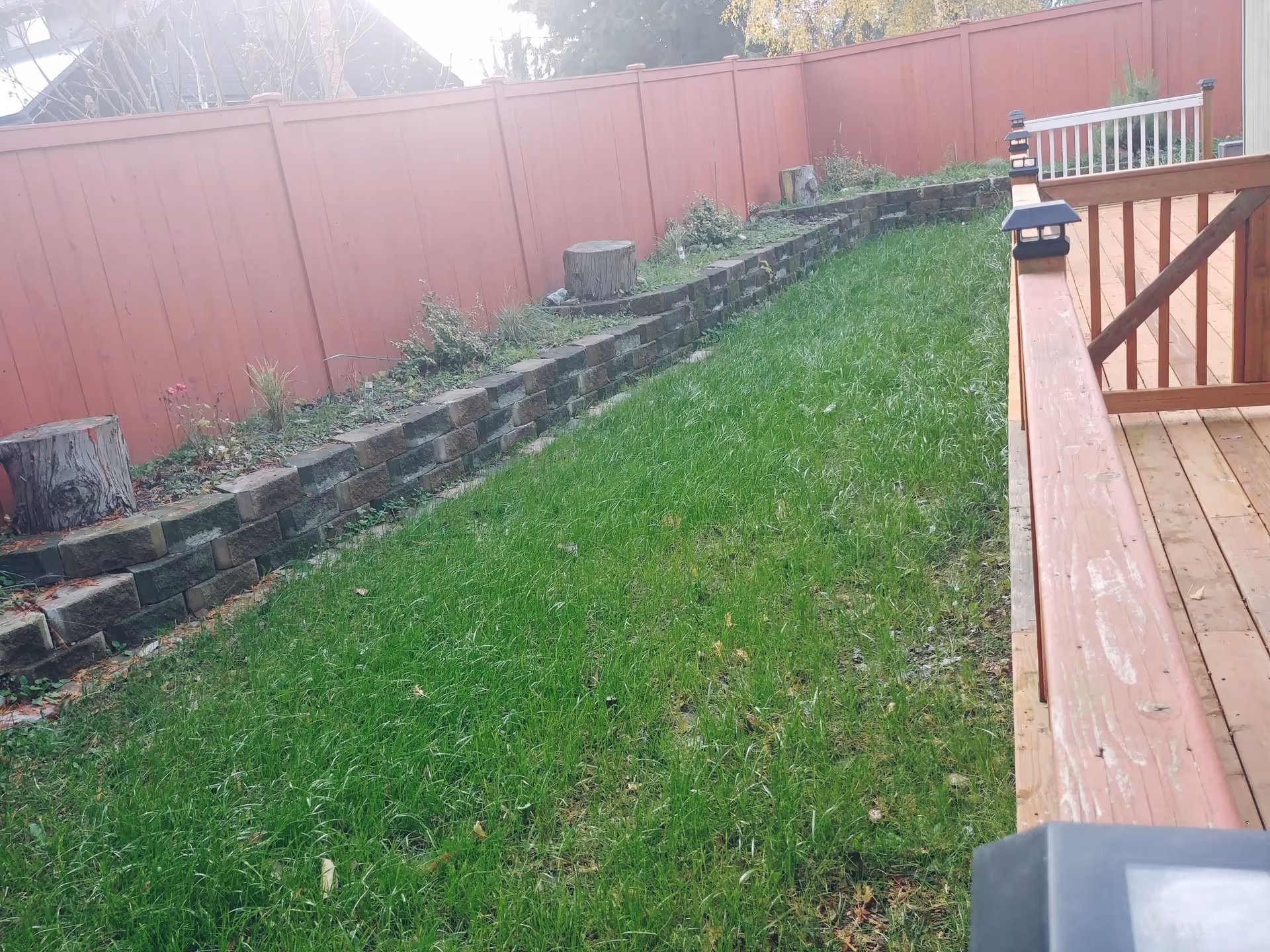 Backyard with red fence, brick retaining wall, green lawn, and wooden deck.