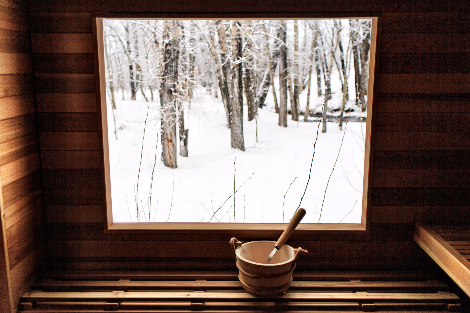Inside a wooden sauna, a bucket and ladle sit near a window with snowy trees outside.