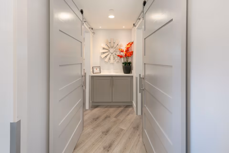 Bright interior hallway with open double doors, console, plant, and wall decor.