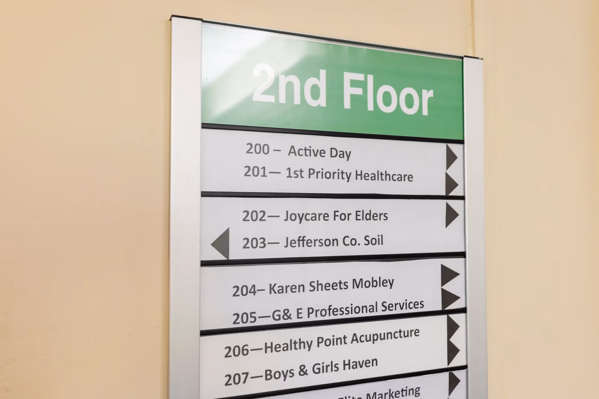 Indoor hallway directory sign on the 2nd floor listing room names.