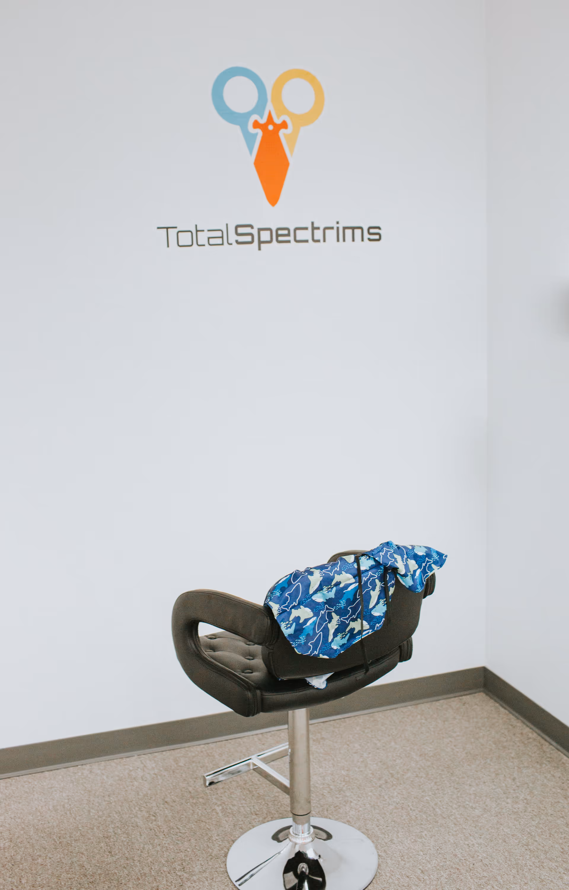 Bright room with a black salon chair and blue cloth draped, wall logo reading TotalSpectrims