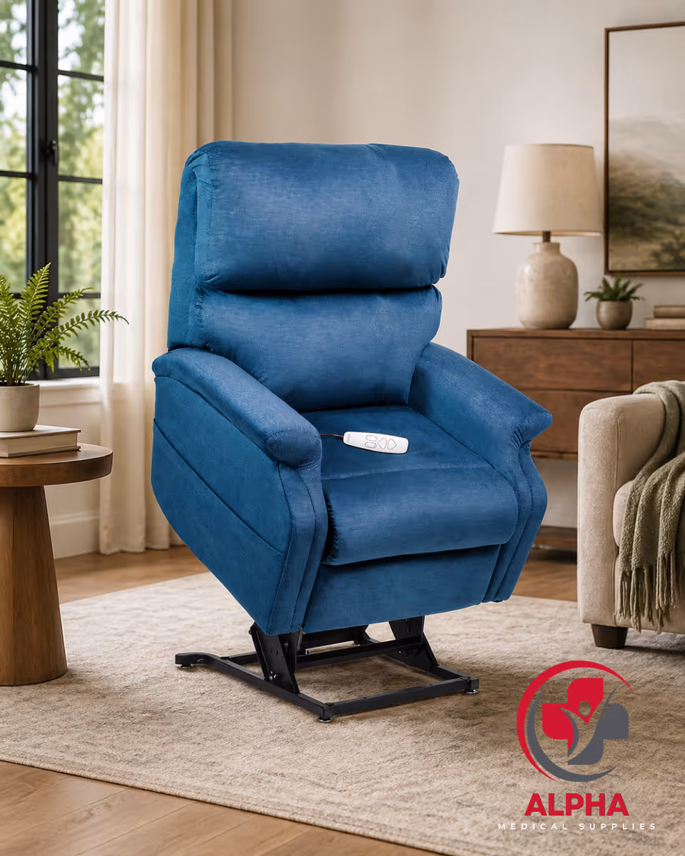 Blue recliner chair in a living room with plant, side table, and lamp.