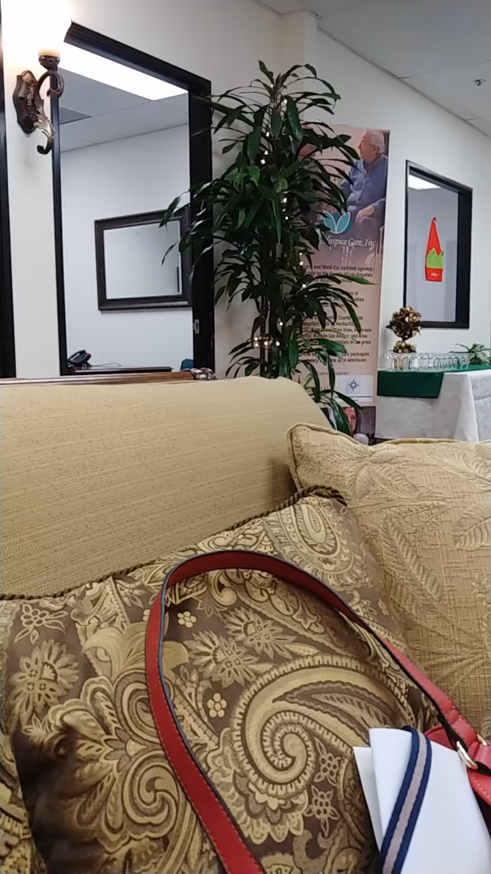 A patterned sofa, tall plant, and banner in Admiral Hospice Care lounge.