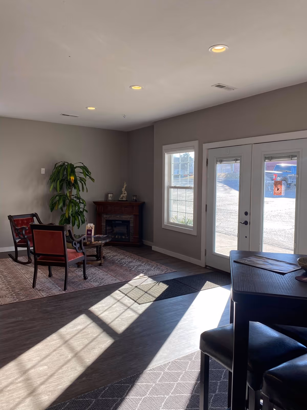 Bright living room with chairs, a plant, fireplace, rug, and glass doors.