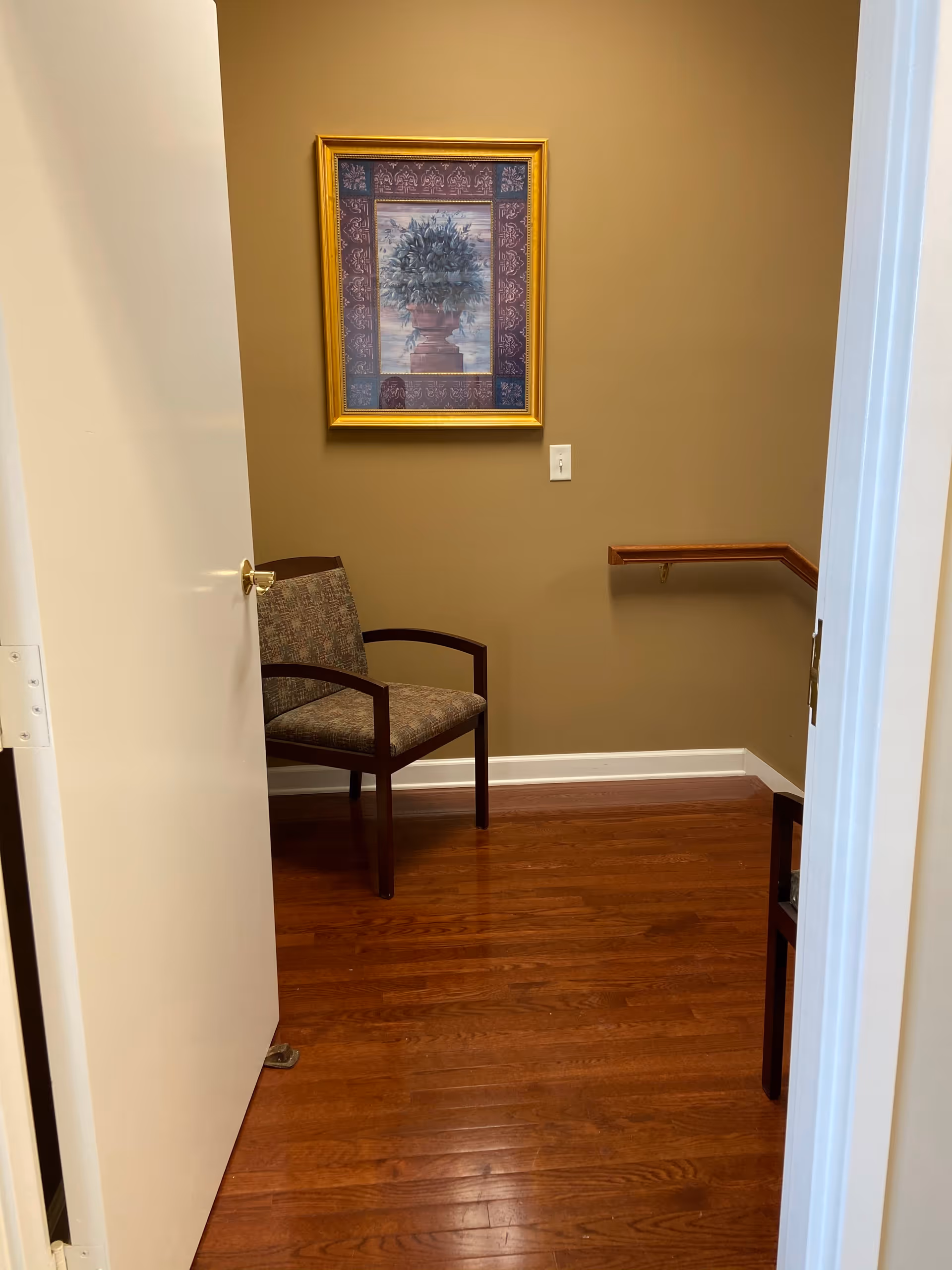 Brown interior hallway with a chair, framed plant painting, wooden floor, and wall handrail.
