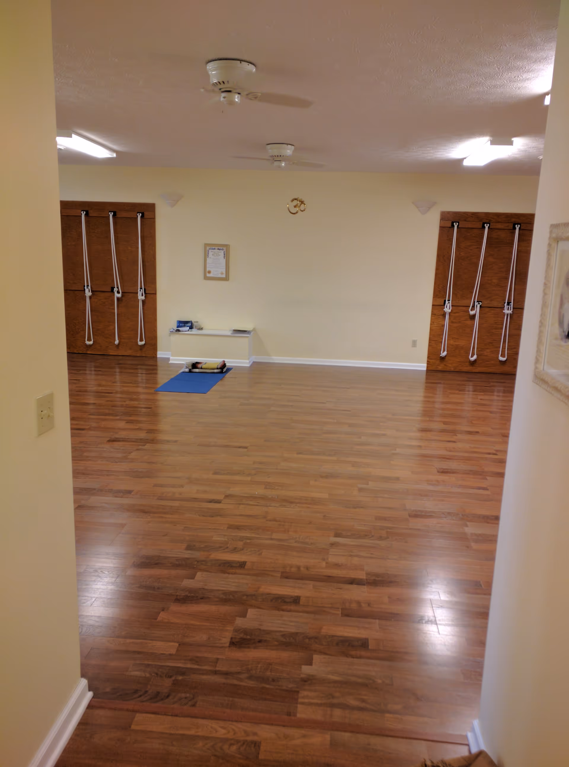 Empty rehabilitation exercise room with wood floors, wall-mounted resistance bands, and a yoga mat.
