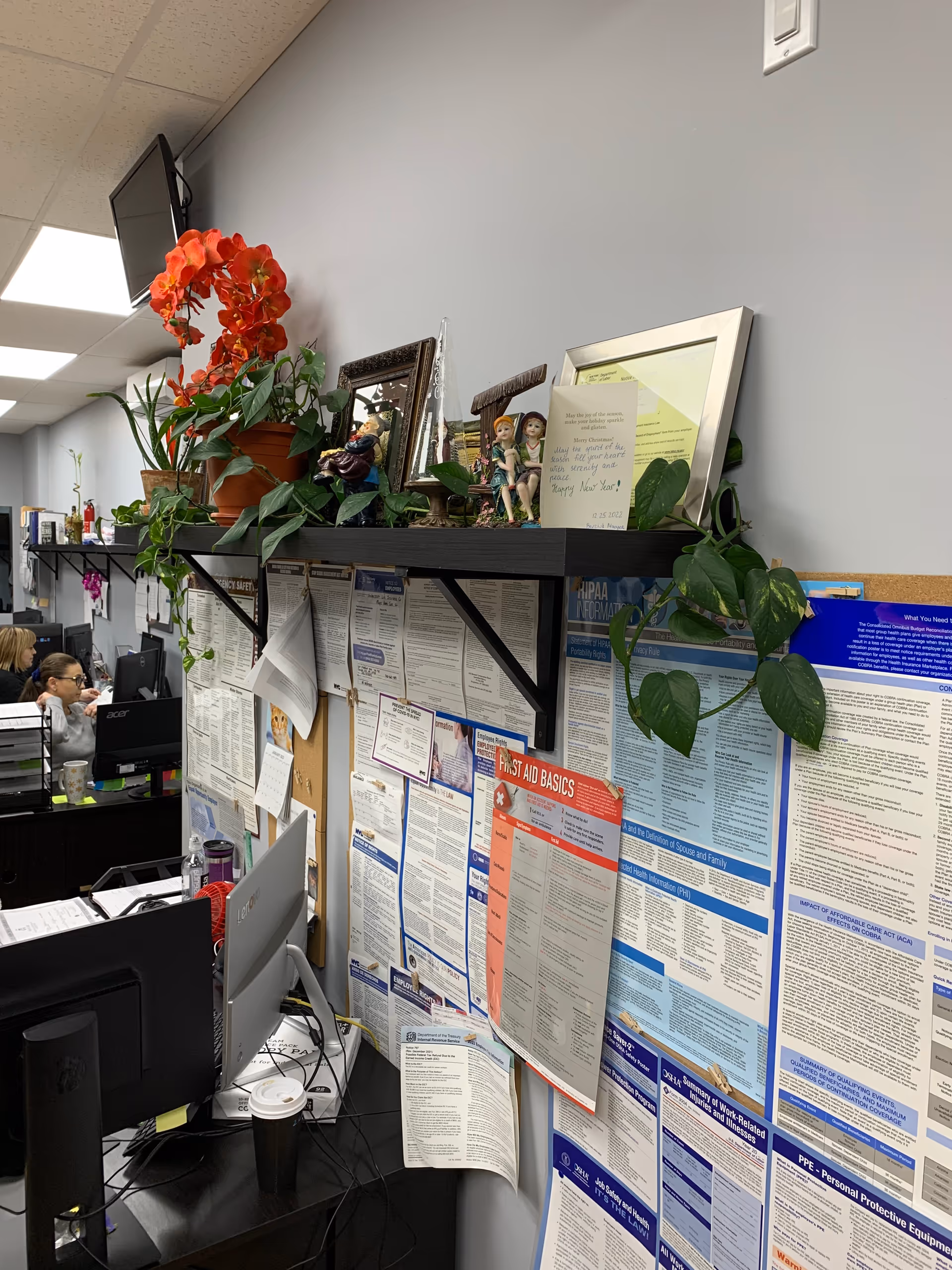 Office workspace with bulletin boards, plants, framed photos, and staff at computers.