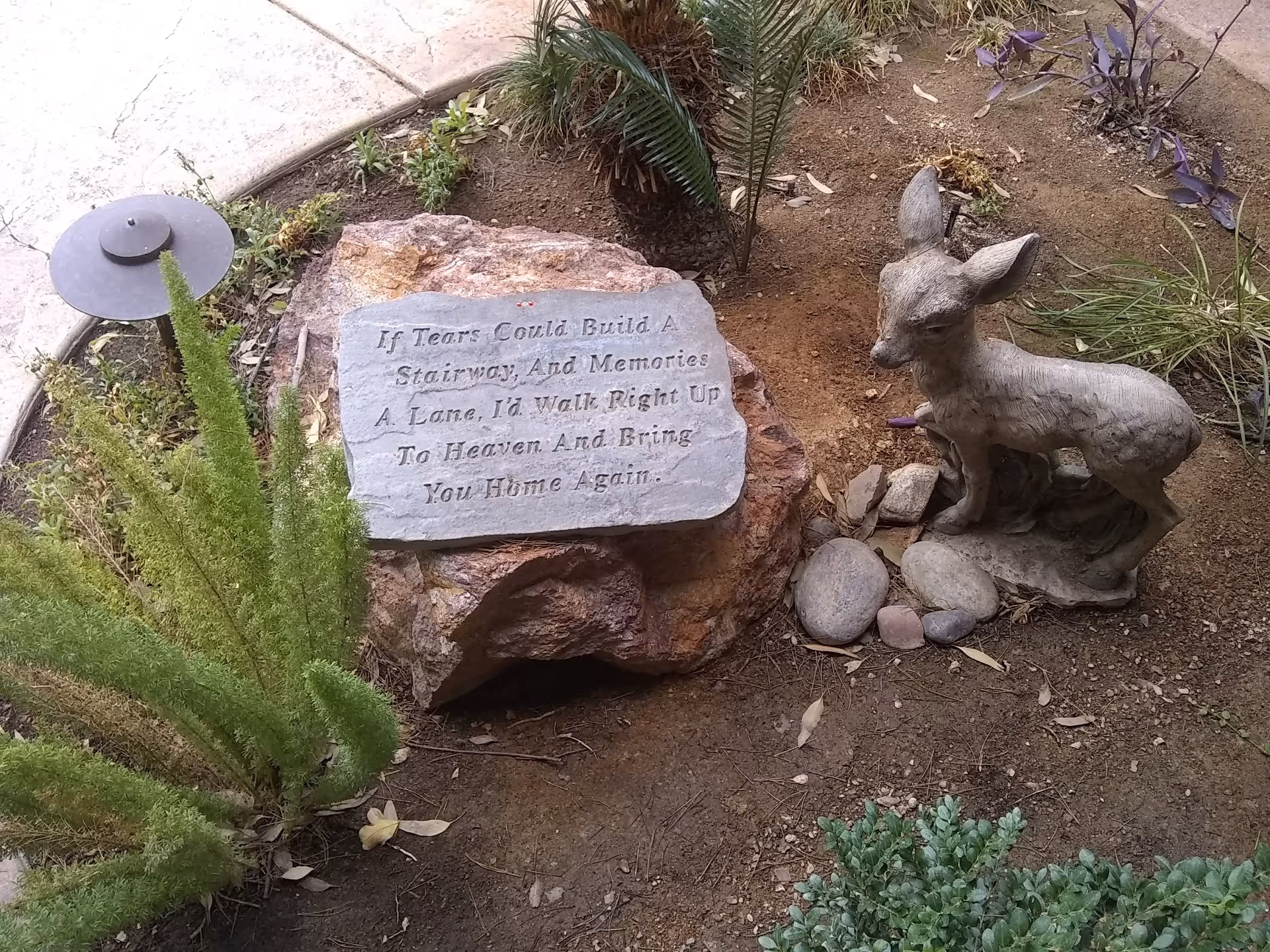 Small landscaped outdoor garden featuring a rock plaque with inscription and a deer statue.