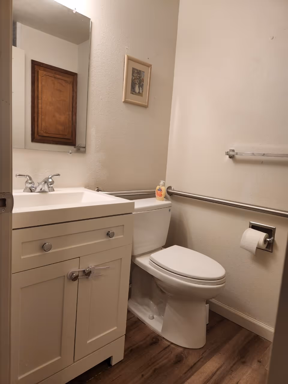 Compact bathroom featuring a vanity sink, toilet, mirror, and wall-mounted grab bar.