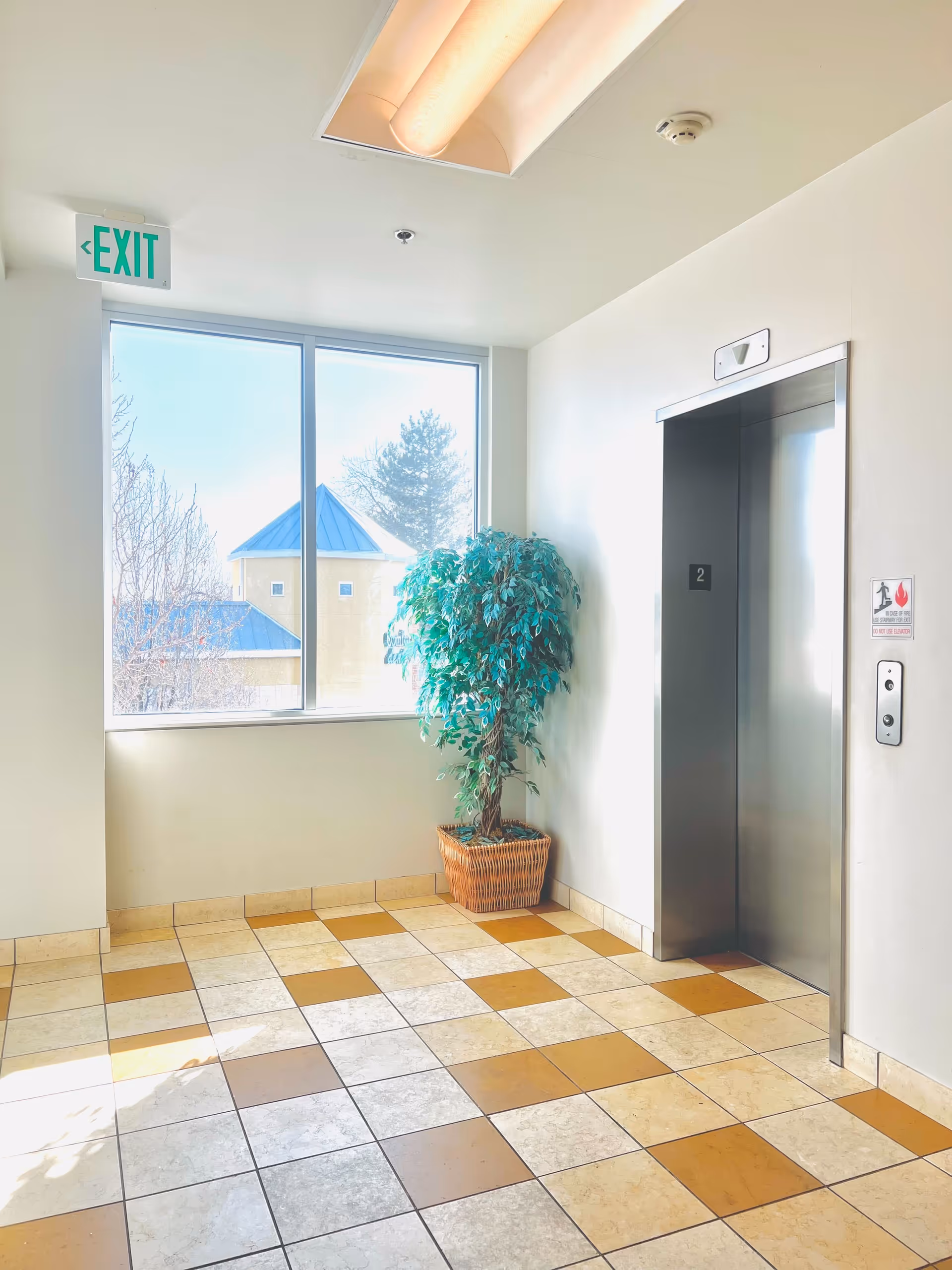 Bright hallway with elevator, exit sign, large window, and potted plant by tiled floor.