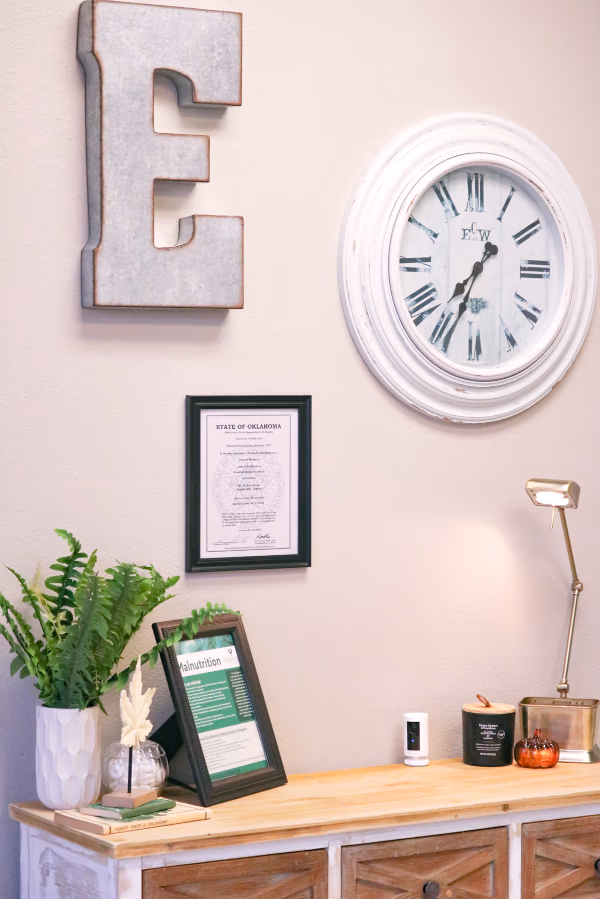 Decorative wall scene in a reception area with clock, certificate, and plants.