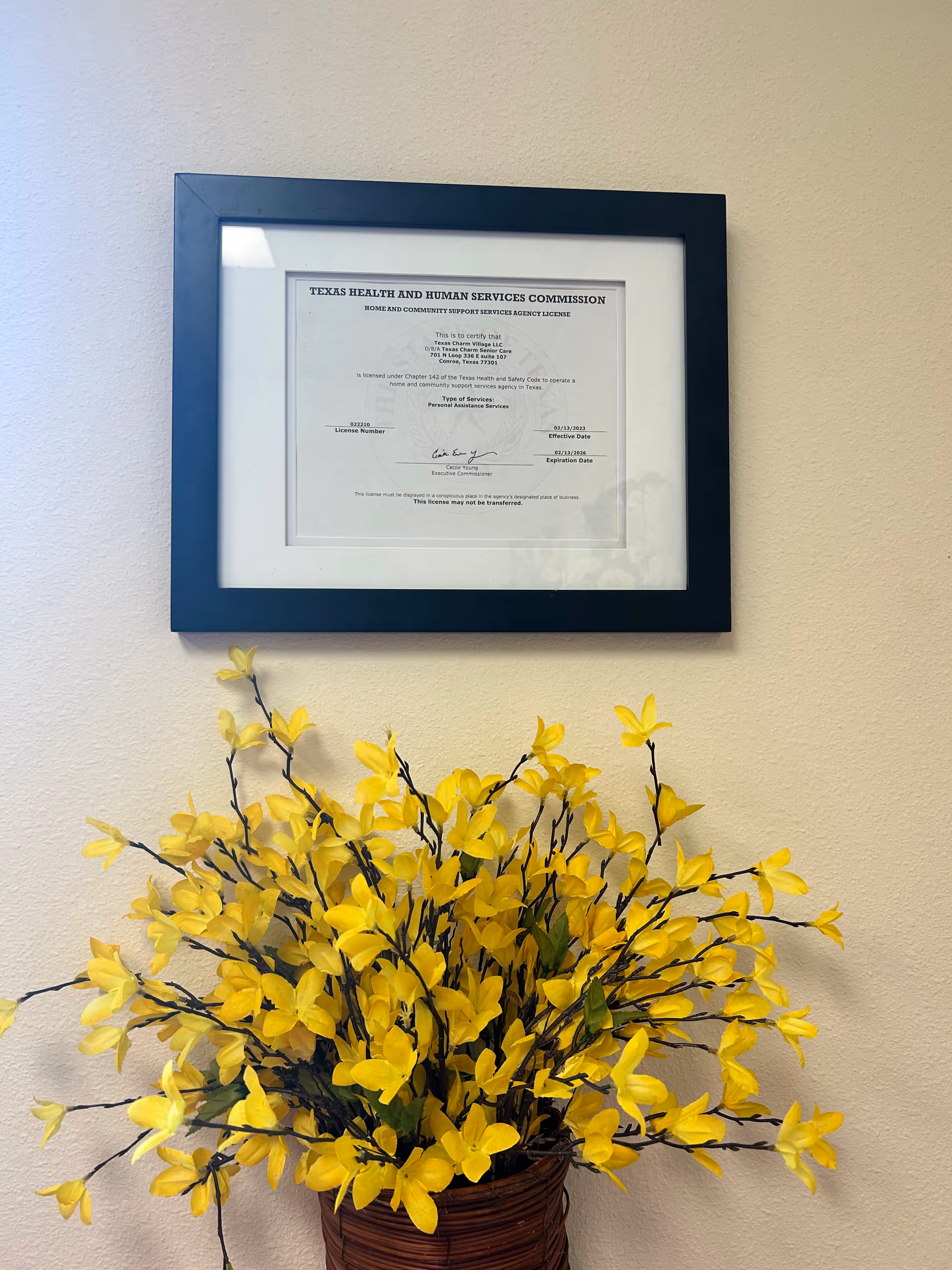 Framed certificate on wall above a yellow artificial flower arrangement.