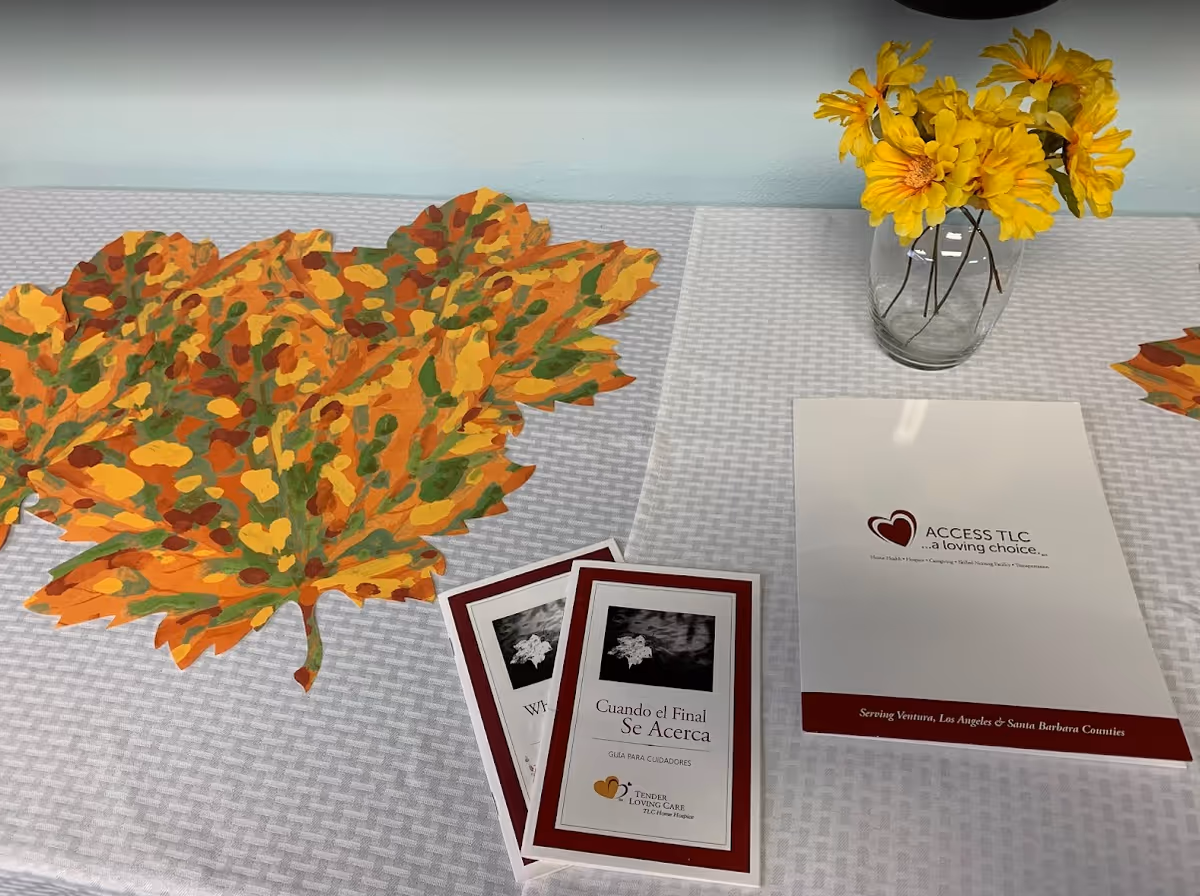 Table with autumn leaf centerpiece, Access TLC brochure, and a vase of yellow flowers.