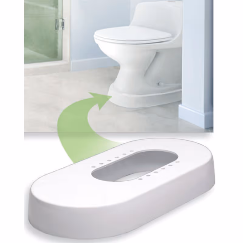 White toilet in a light bathroom with an accessibility device on the floor.