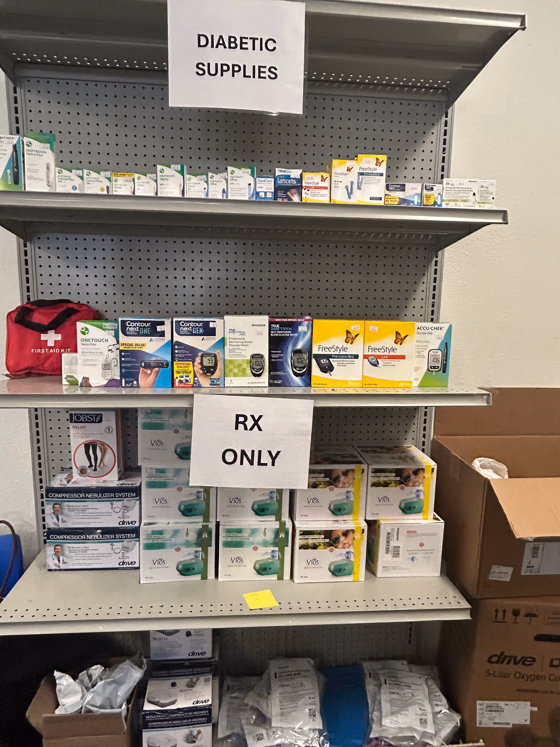 Interior storage shelves stocked with diabetic supplies, medical boxes, and an RX ONLY sign.