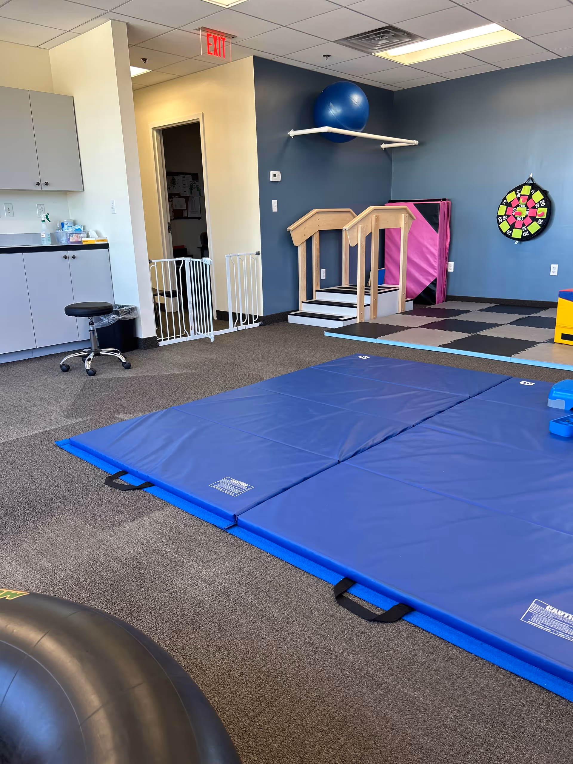 Indoor sensory gym with blue padded mats, a climbing frame, and play equipment.