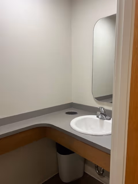 Small bathroom vanity with sink, mirror, and trash can beneath a curved counter.