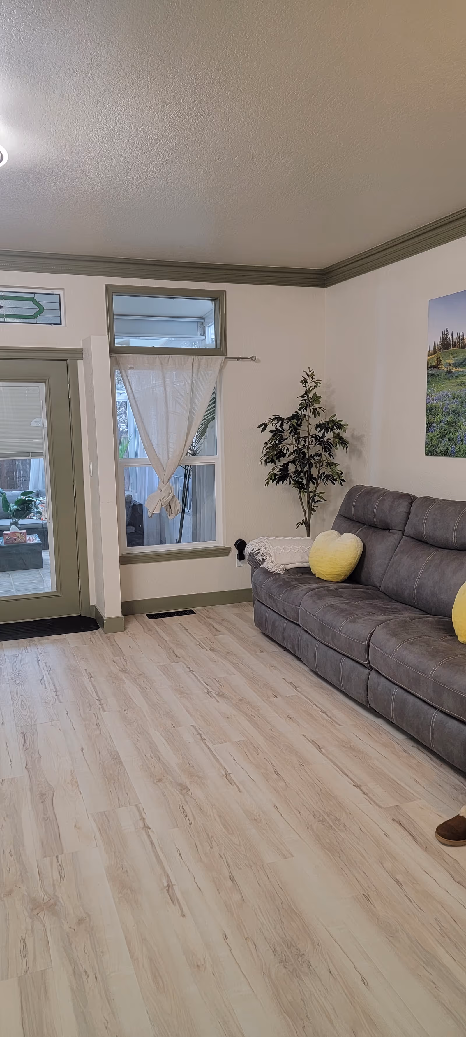 Cozy living room inside Heart2Heart Adult Family Home with gray sofa and plant.