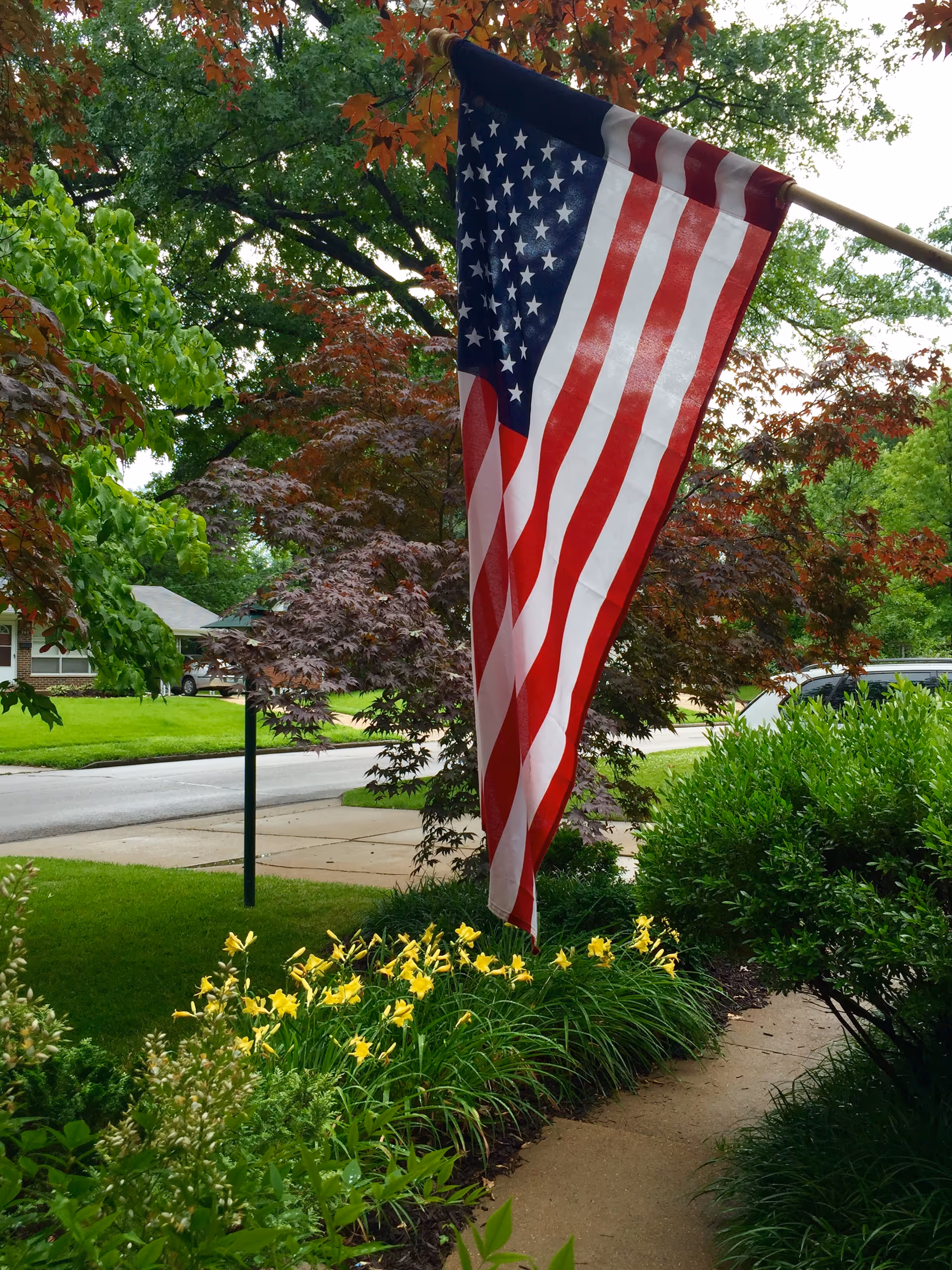 American flag hangs on a pole beside a flowering garden outdoors.