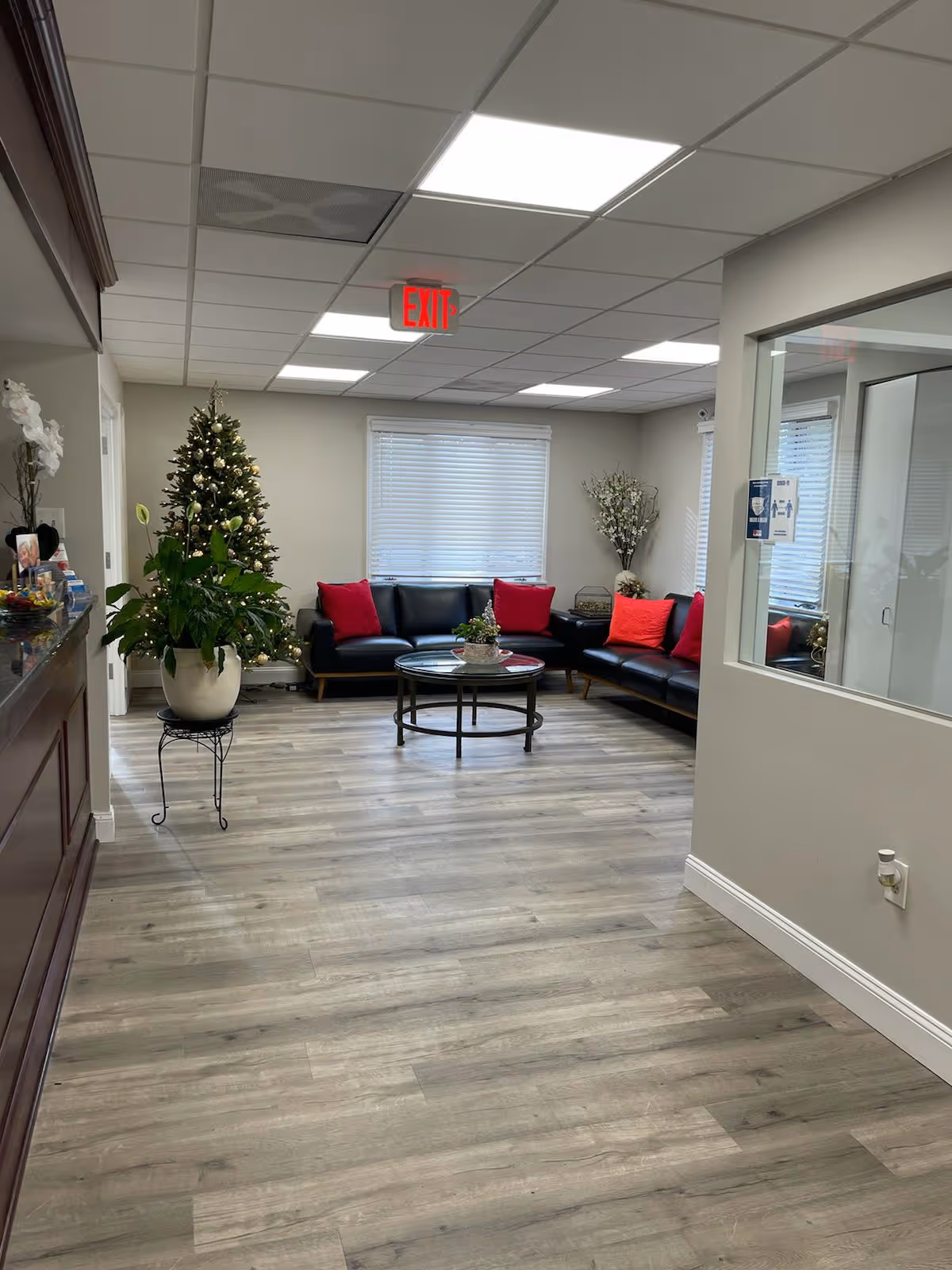 A waiting lounge with black leather couches, red cushions, a coffee table, Christmas tree, and plants.
