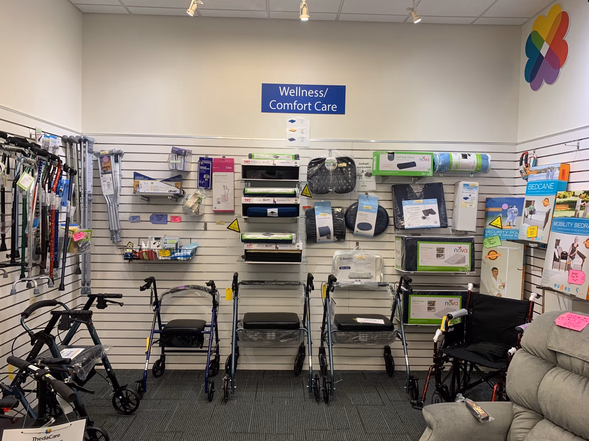 Interior of a medical equipment shop in ThedaCare At Home-Waupaca, with walkers and wheelchairs on display.