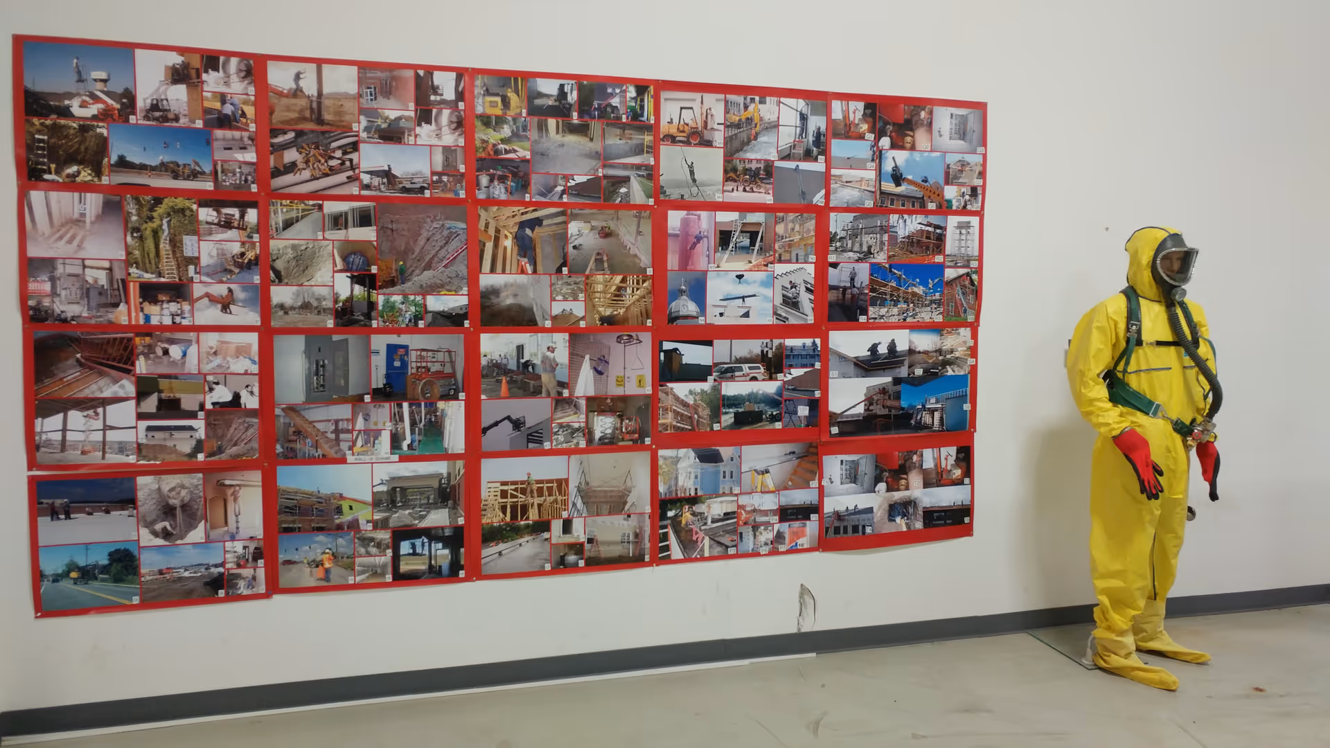 Interior hallway with red-bordered photo collage on wall and a person in yellow hazmat suit.