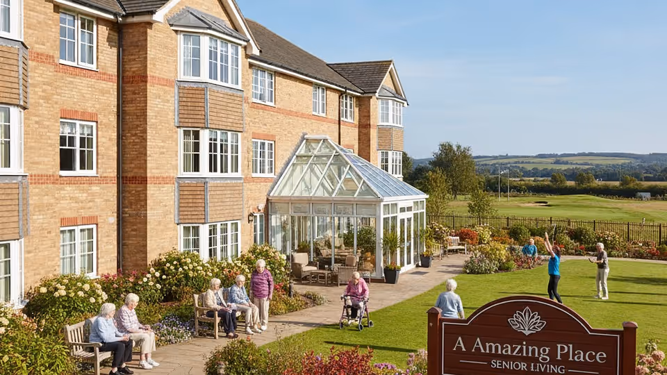 Exterior view of A Amazing Place Senior Living with residents outdoors on a sunny lawn.
