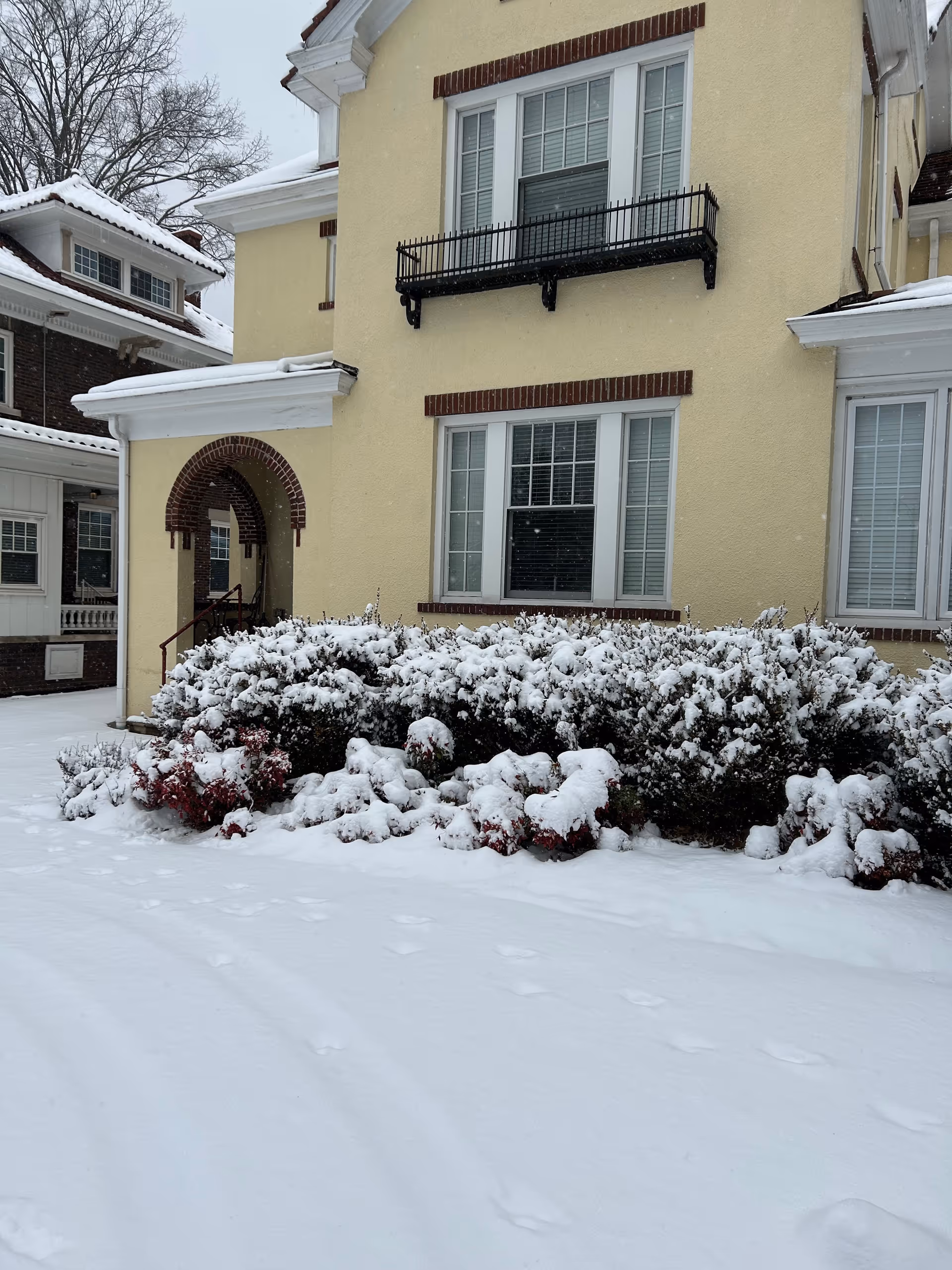 Yellow multi-story senior living building with snow-covered bushes and a brick arched entrance.
