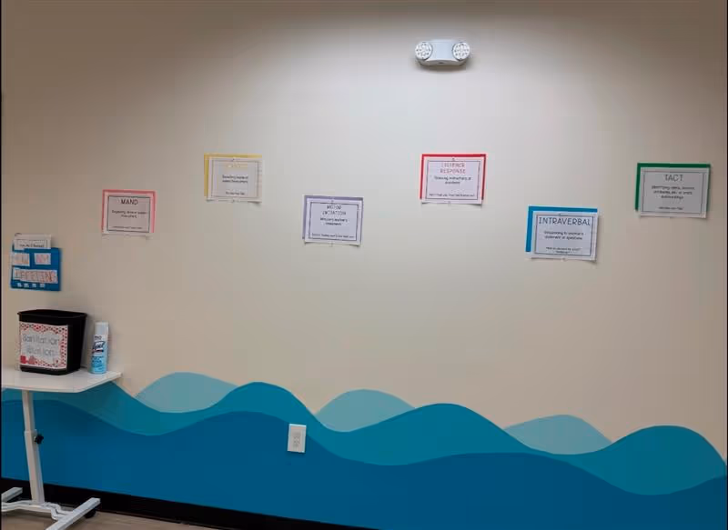 Interior wall with a blue wave mural and therapy posters, a sanitizer cart nearby