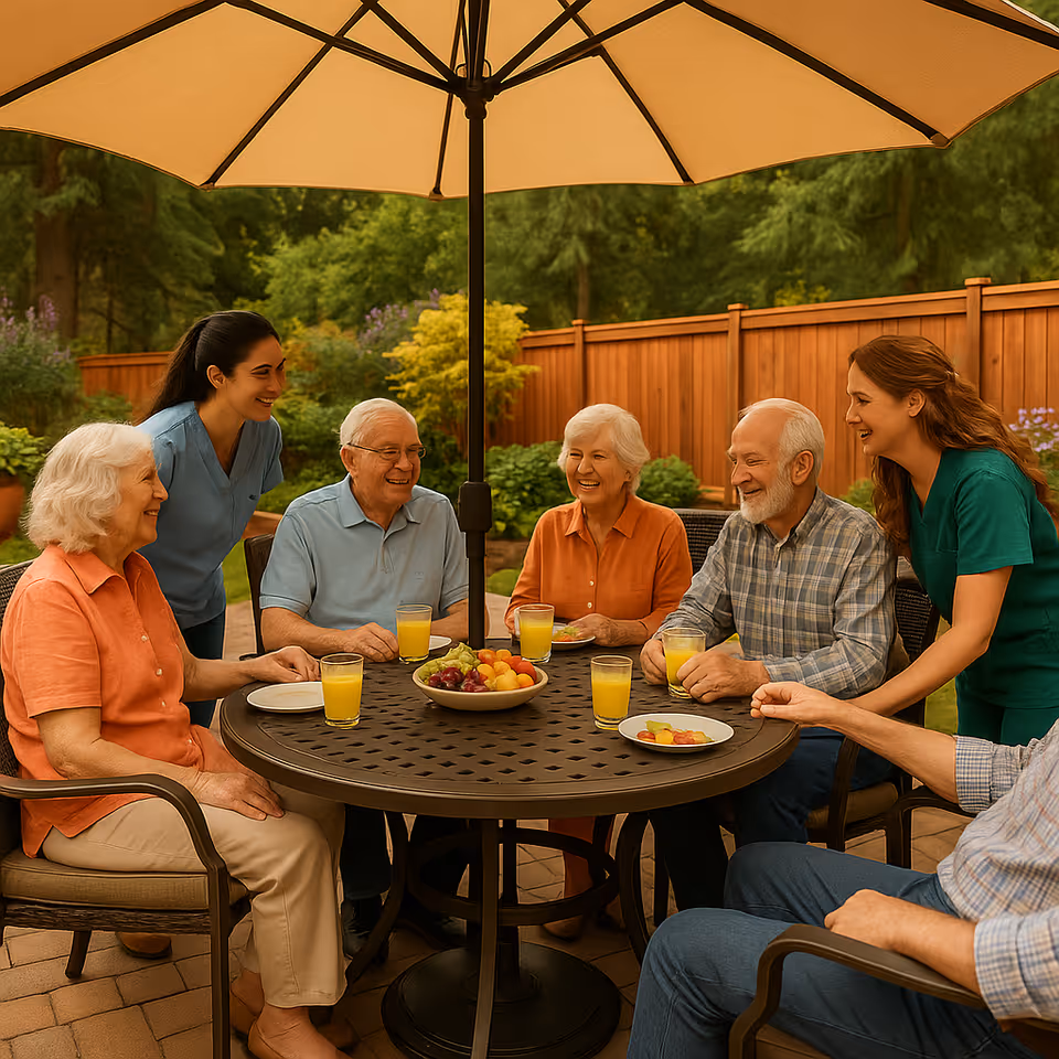 Group of elderly residents with caregivers enjoy a sunny outdoor patio meal under a large umbrella.