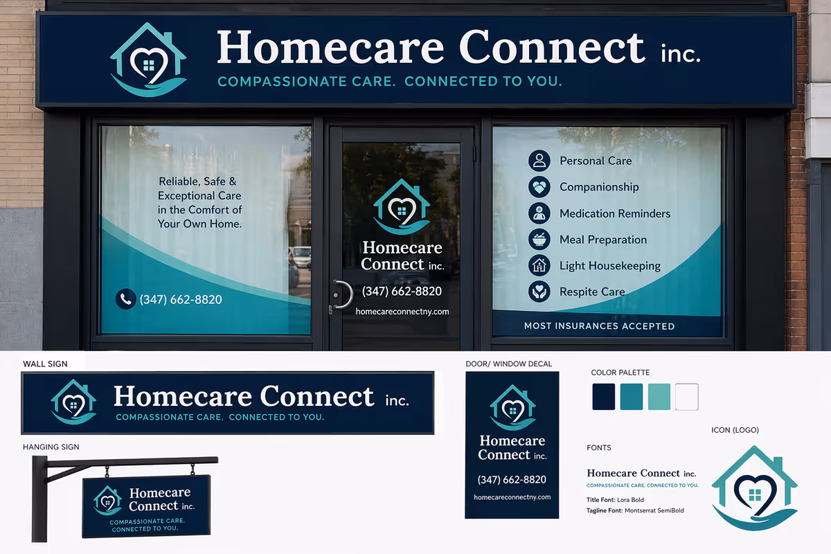 Storefront signage for Homecare Connect with logo and blue branding