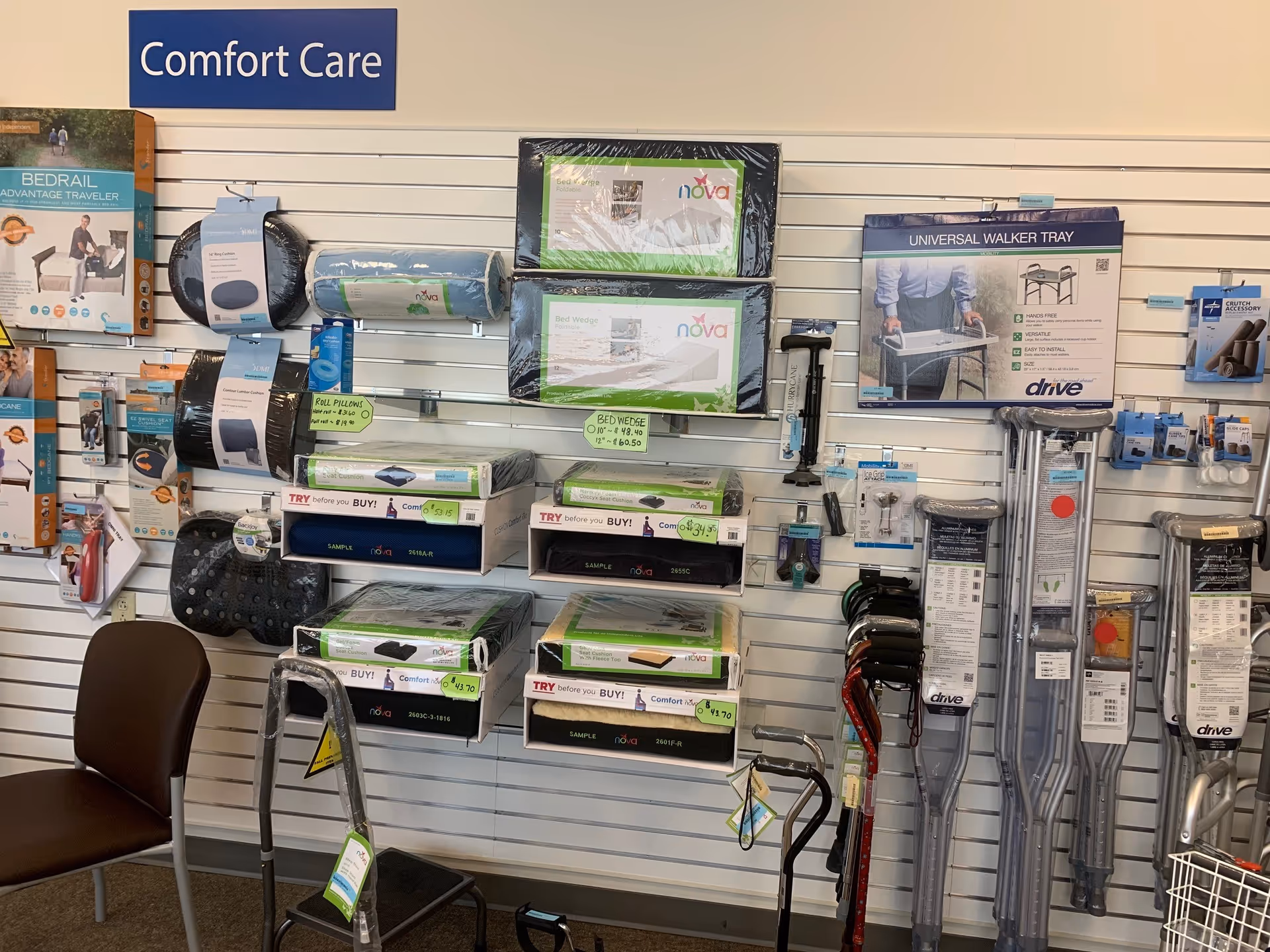 An indoor display wall showing mobility aids and medical supplies.