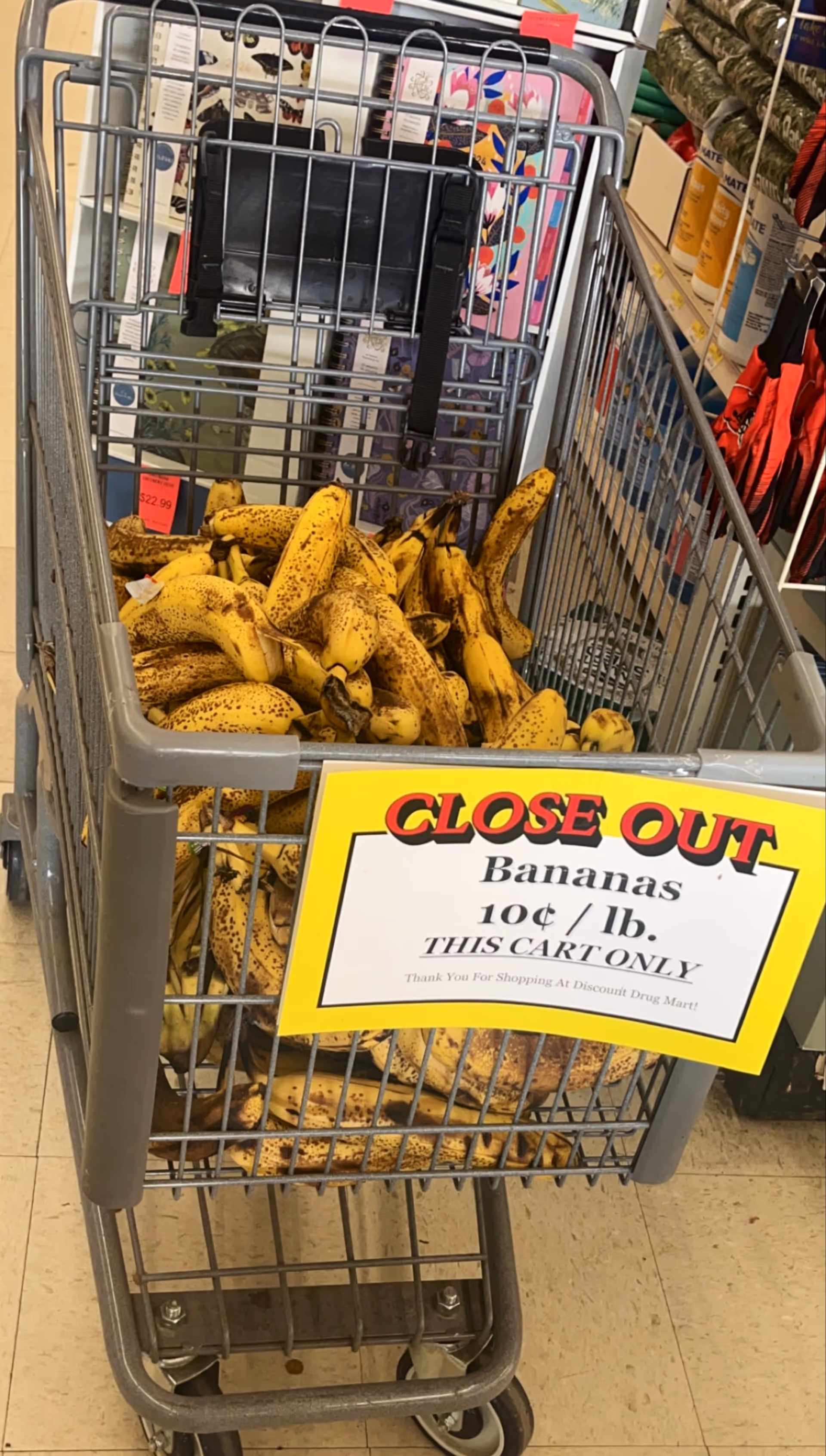 A shopping cart filled with ripe bananas in a Discount Drug Mart aisle.