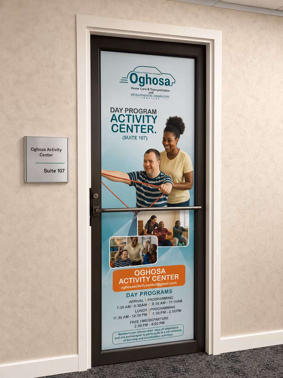 Door with a poster advertising Oghosa Day Program Activity Center in a hallway.