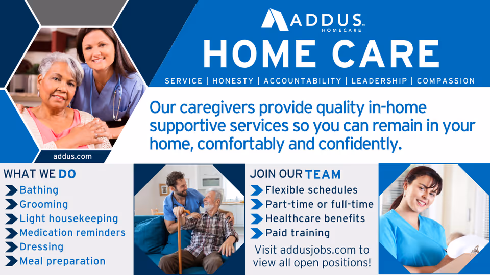 Addus HomeCare promotional banner depicting caregivers assisting elderly residents indoors.