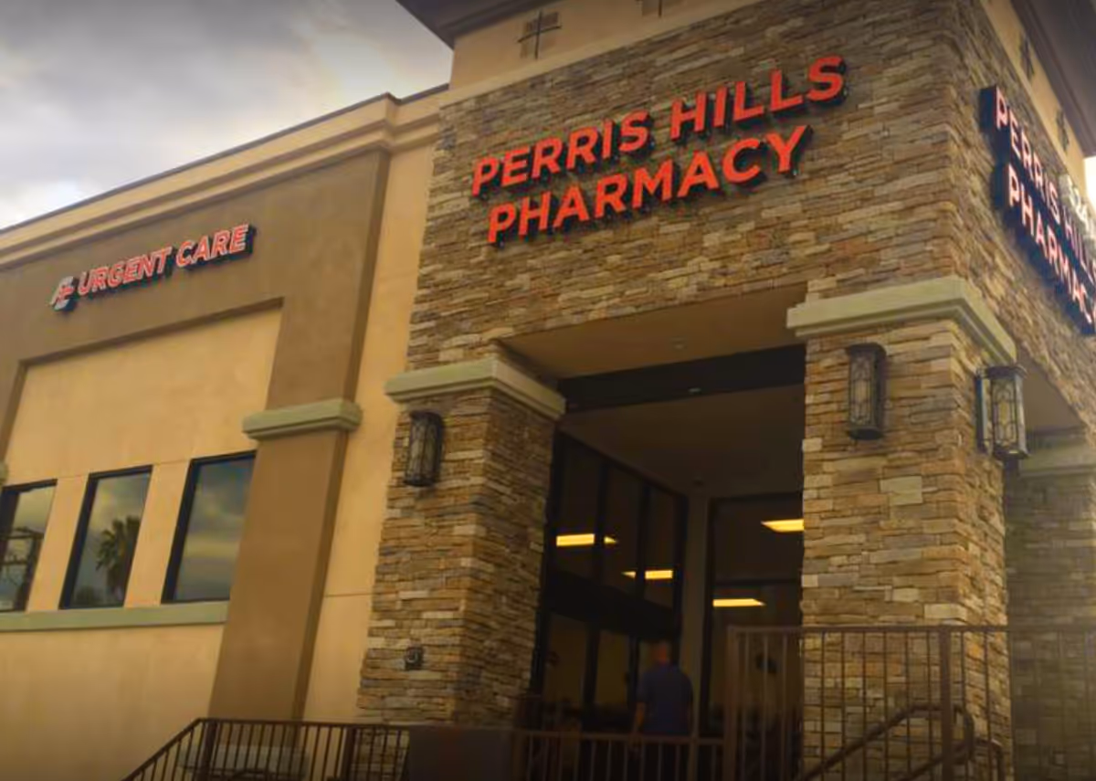 Exterior view of Perris Hills Pharmacy and Perris Urgent Care entrance.