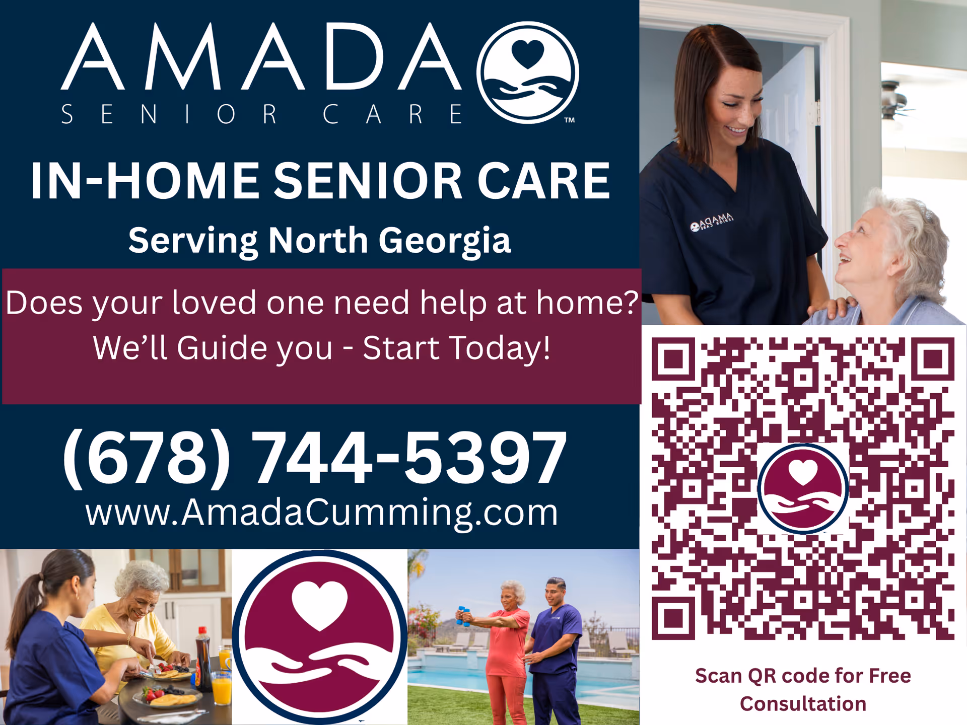 Amada Senior Care advertisement showing a nurse assisting an elderly woman indoors beside a QR code