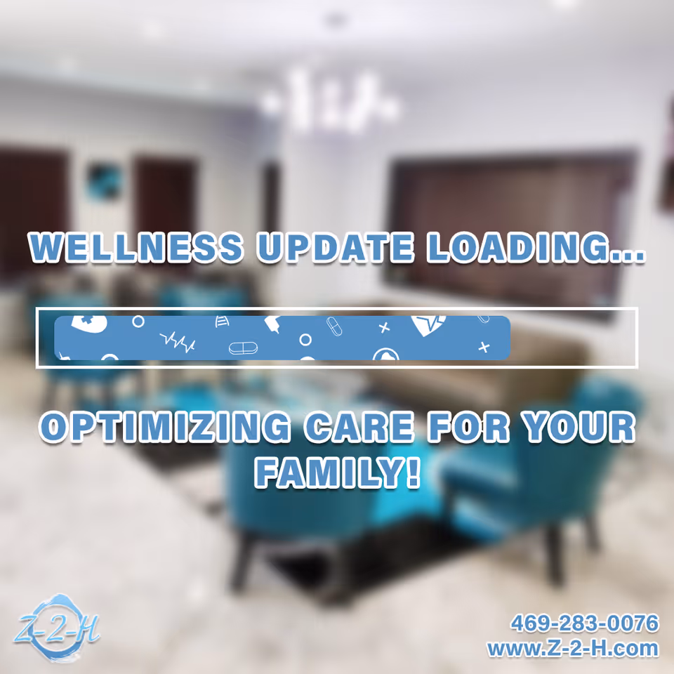 Blurry clinic lobby with teal chairs and a large wellness text overlay.